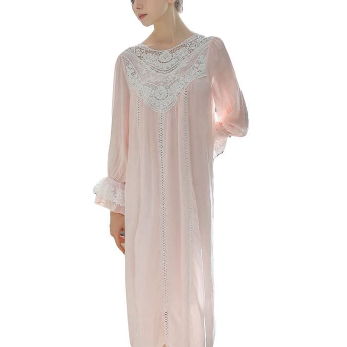 Femme Pyjama Manche longue Dentelle Chemise de nuit Vintage Longue