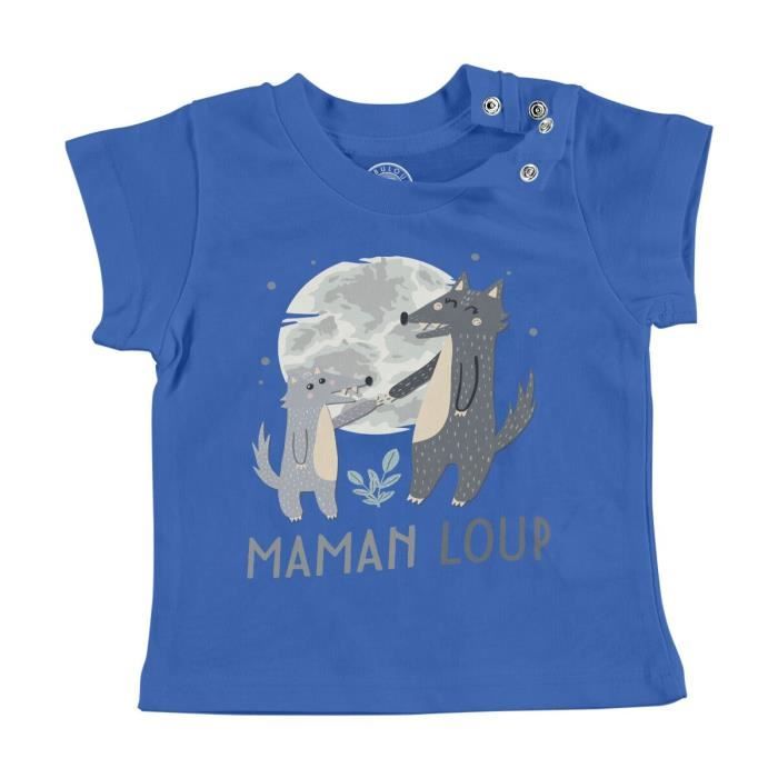 T shirt B b Manche Courte Bleu Maman Loup et son B b Dessin