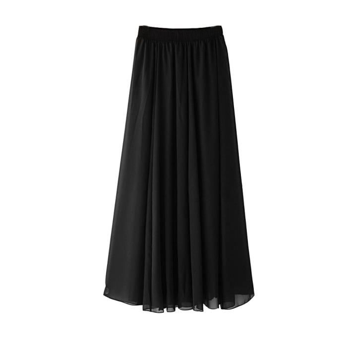Femme Été Printemps Taille Haute Jupe Salsa Rumba Mousseline Flamenco de Plage Jupes Longues Jupe A-ligne Plissé Vintage Noir