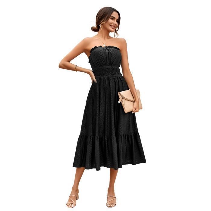 Robe Femme Longue Bustier Stretch Taille elastiquee Plisse Noir Femme Adulte