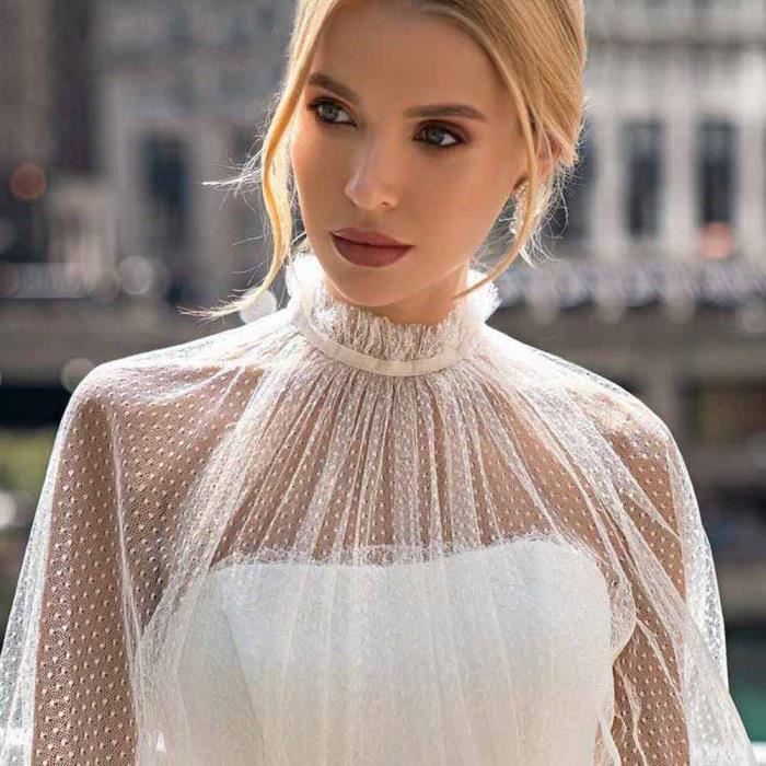 Robe de Mariee Boheme Ligne A Col Haut Dentelle Tulle Patients de Plage Manches sulf Balayage blanc Blanc Cdiscount Pret a Porter