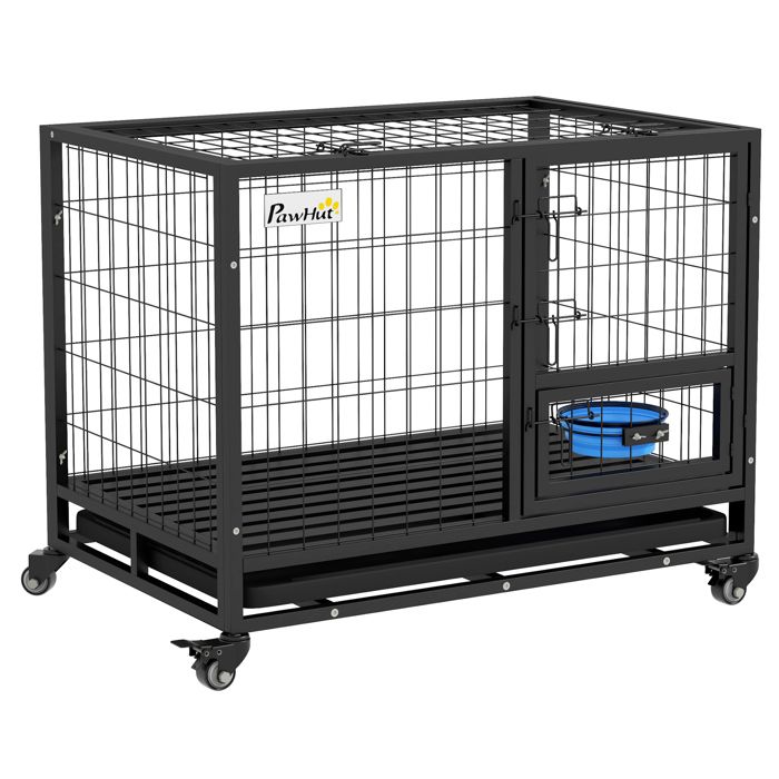 Cage pour chien animaux PawHut cage de transport sur roulettes avec support de gamelle plateau amovible 2 portes verrouillables