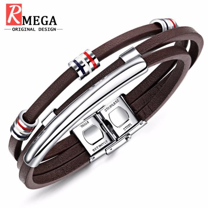 Bracelet Homme Cuir Véritable Et Acier Titane Coffret Cadeau Pour Homme Saint Valentin RMEGA