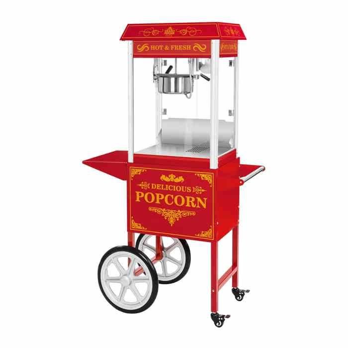 Machine à popcorn avec chariot rouge Royal Catering RCPW-163 (1600W 5 kg/h 16 L/h design rétro américain)