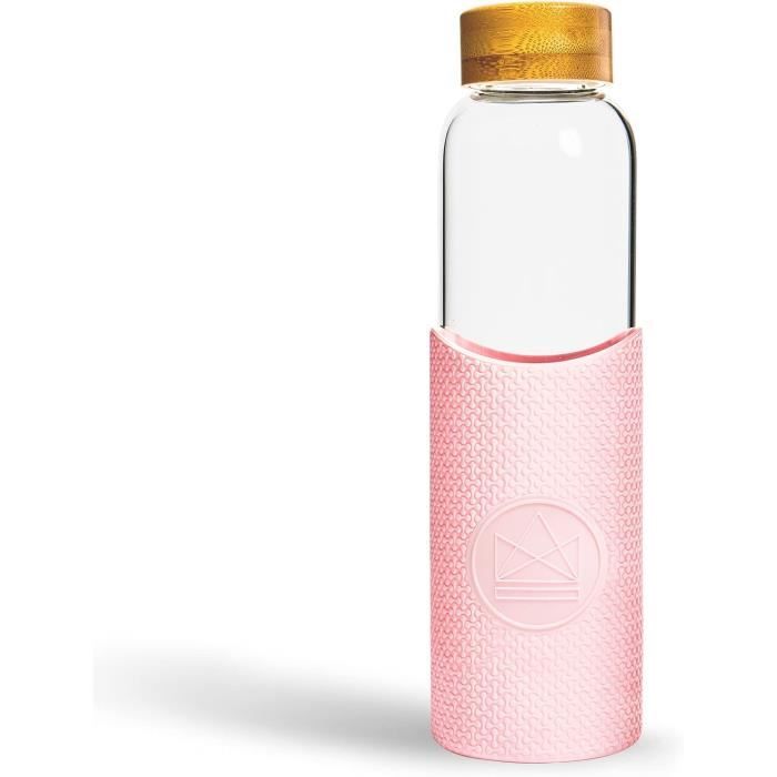 AOOWU Bouteille D'Eau En Verre Borosilicate 1L – Marqueur De Temps, Couvercle Bambou, Housse Silicone, Antifuite
