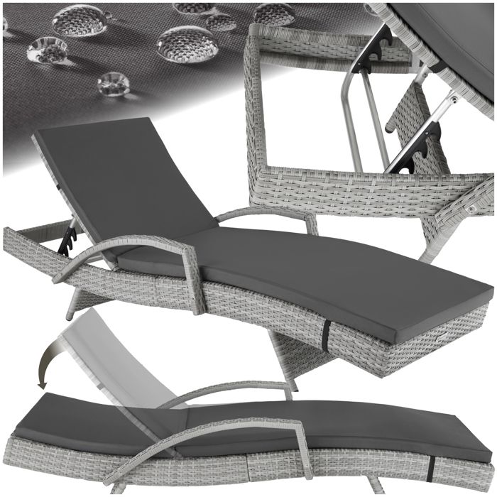 Bain de soleil - TECTAKE - Chaise longue en rotin de jardin OCEANE avec accoudoirs et dossier inclinable - Gris Clair