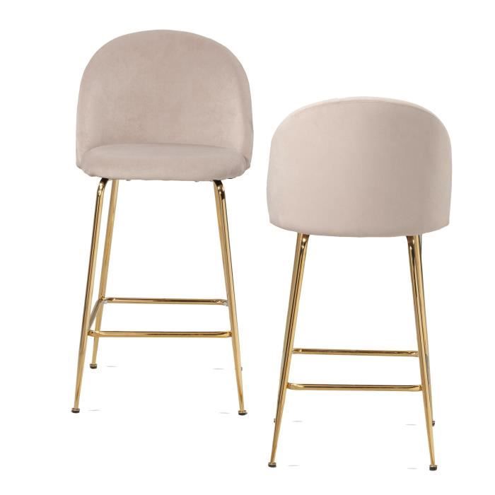 WOHNLING Tabouret de bar Beige Scandinave Lot de 2 Velours Métal Chaise de bar