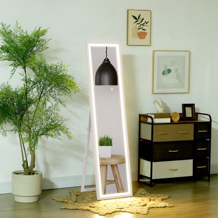 Miroir Plein Pied HOMCOM 150x40 Cm – LED 3 Couleurs, Tactile, Verre Trempé, Sur Pied Ou Mural, Chambre & Salon
