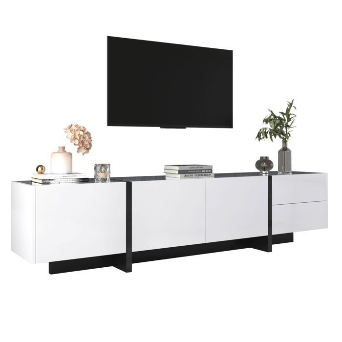 Meuble TV design épuré avec portes, tiroirs et étagères, pieds ...