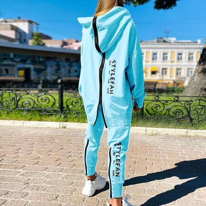 Femme Survtement Ensembles Tenues Sport Femme A Capuche Zipp Vestes Automne  Hiver Manche Longue Sweat Pull Capuche bleu