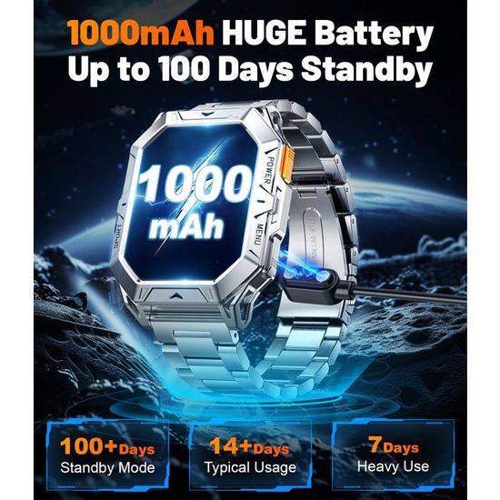 Montre Connectée Militaire – Écran AMOLED 2,13" – 1000mAh, 100 Jours D’autonomie – Étanche 10ATM – 100+ Sports