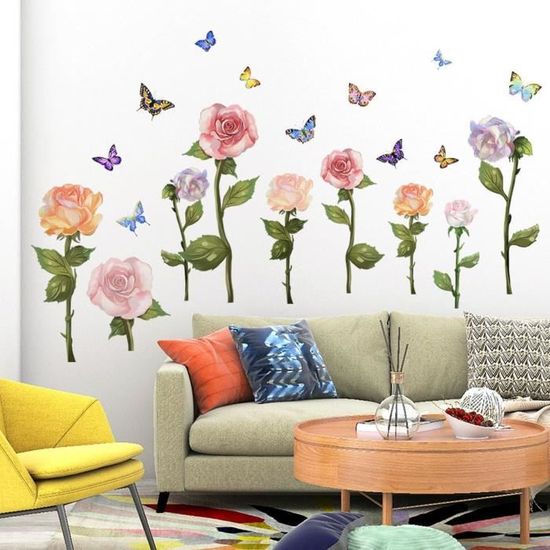 1pc Sticker Mural fleurs Colorées,Fleur Sticker Mural,Autocollant Mural, Sticker Mural Plantes pour Chambre de