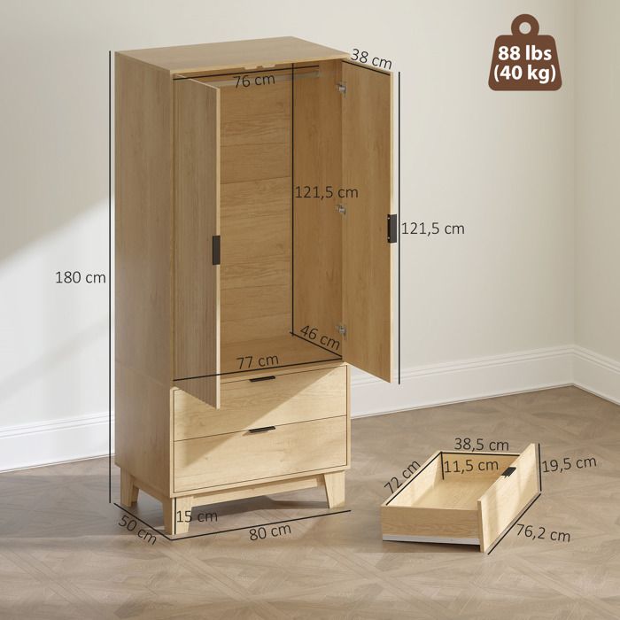 Armoire 2 Portes Avec Tiroirs Et Fermeture Douce - Penderie Moderne 80x50x180 Cm, Rangement Spacieux