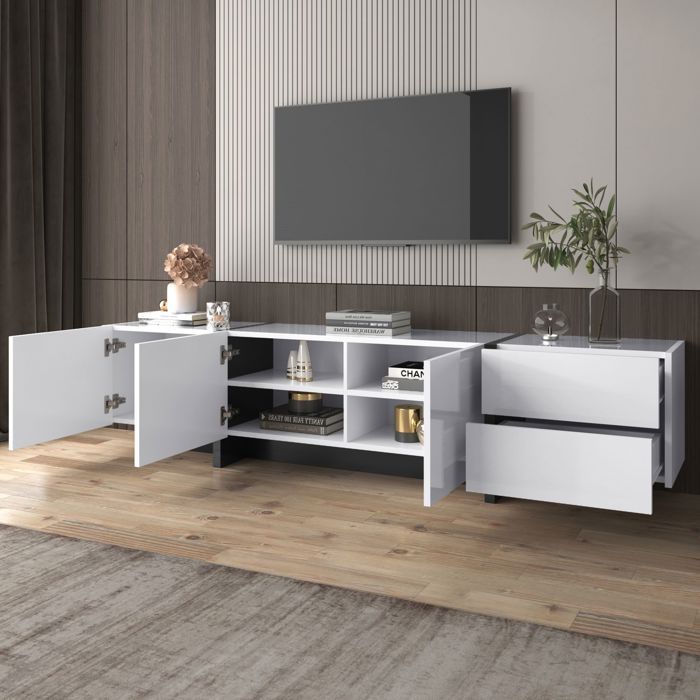 Meuble TV design épuré avec portes, tiroirs et étagères, pieds ...