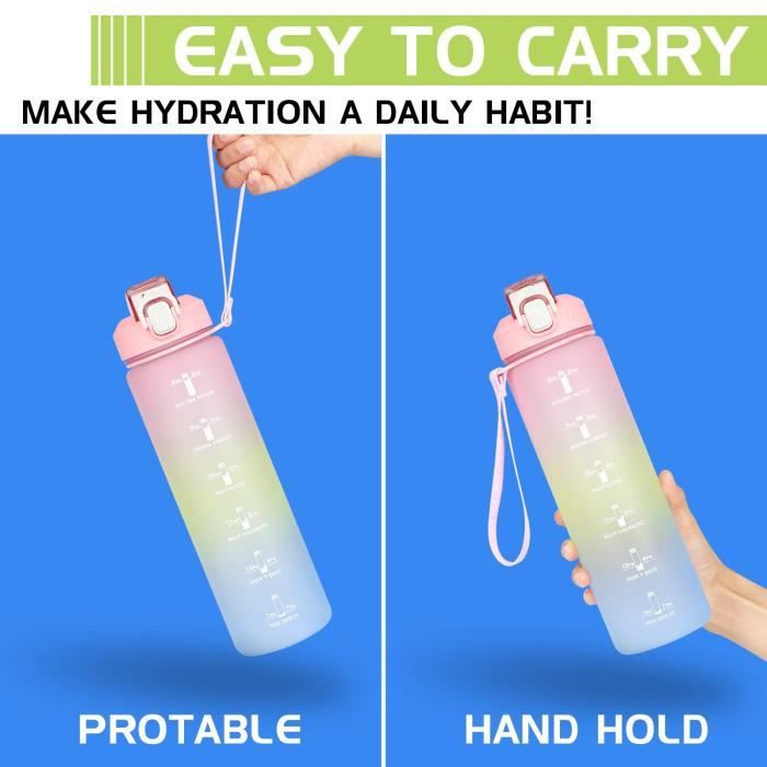 QLUR Gourde, 1L Gourde Sport avec Paille et Graduée, 1 Litre Étanche