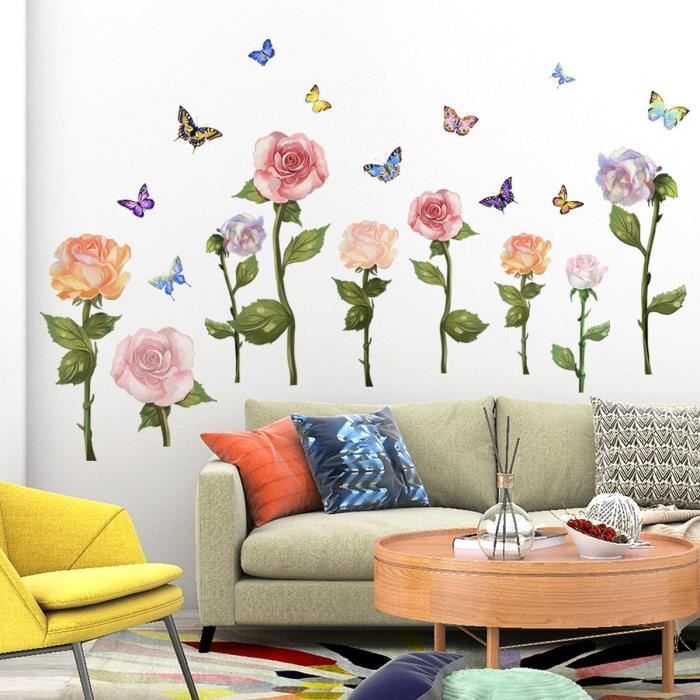 Stickers Muraux Salon Plante Autocollant Mural Fleurs Papillon