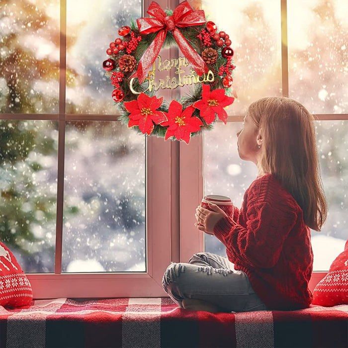 Couronne De Noël Pré-éclairée 50 Cm Avec Nœud Rouge Et Lumières LED - Décoration Porte, Mur, Cheminée