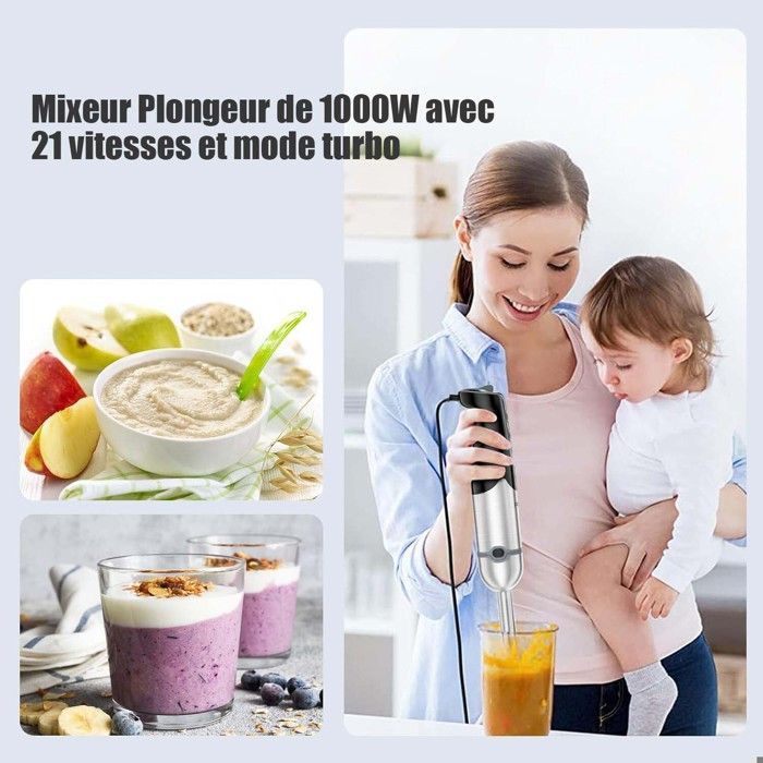 Vankarr 4 En 1 Mixeur Plongeant, Mixeur Plongeur De 1000W Avec 30 Vitesses Et Mode Turbo,Mixeurs Plongeur Multifonction,avec Fouet,Hachoir De 500ml Et Verre Doseur 600 Ml,Blanc