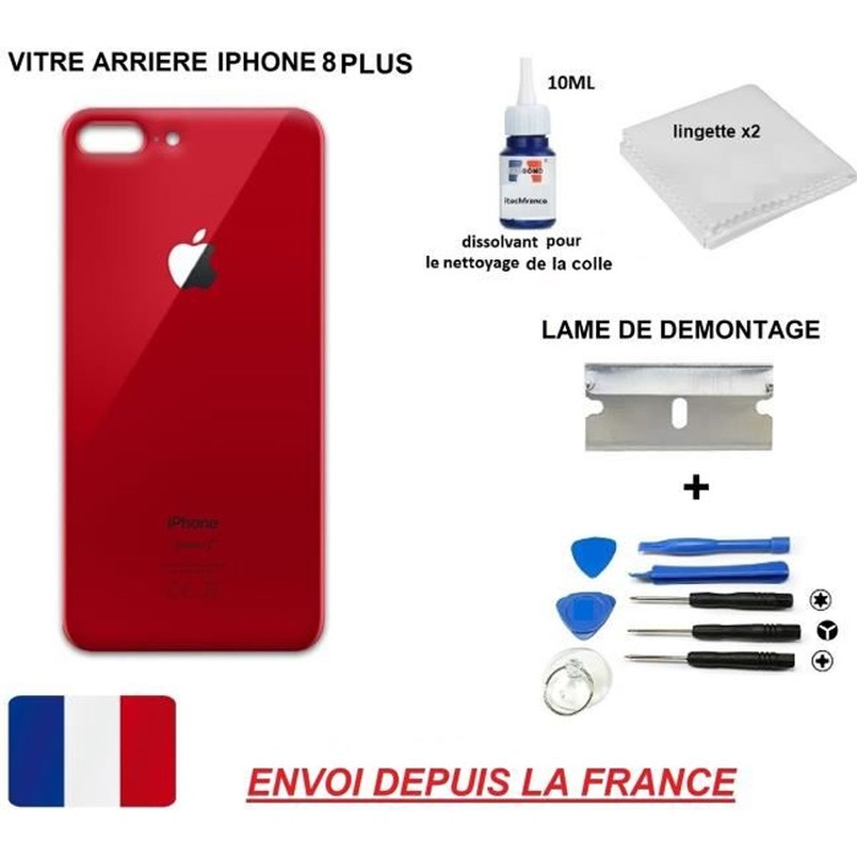 Vitre Arriere Iphone 8 Plus 5 5 Rouge Qualite Origine En Verre Coque Cache Batterie Double Face Adhesif Kit Outil Lame Dissolvant Cdiscount Telephonie