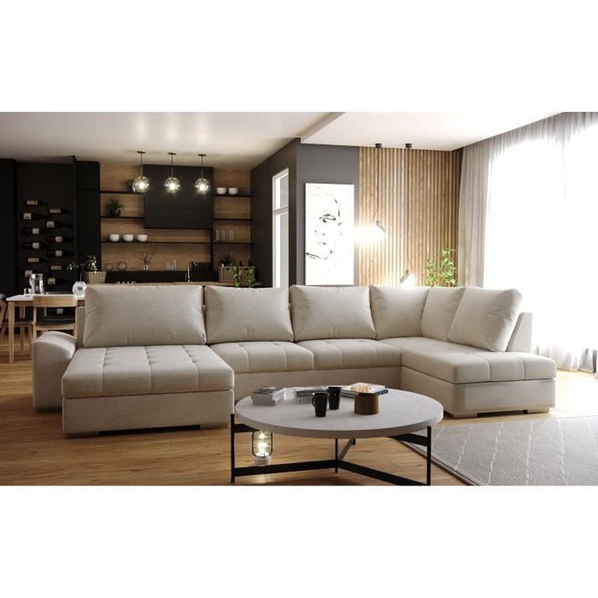 canape d angle panoramique convertible casa en tissu beige moderne et design angle droit cdiscount maison
