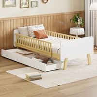 Lit enfant lit simple 90 x 190 cm avec 2 tiroirs - Bois massif - Sommier à lattes - Coloris blanc + chêne