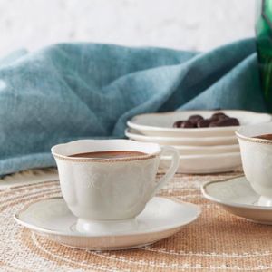 Lot de 6 tasses à café et à expresso avec soucoupes aspect bois -  Porcelaine blanche - 200 ml - Modèle 3[543] - Cdiscount Maison