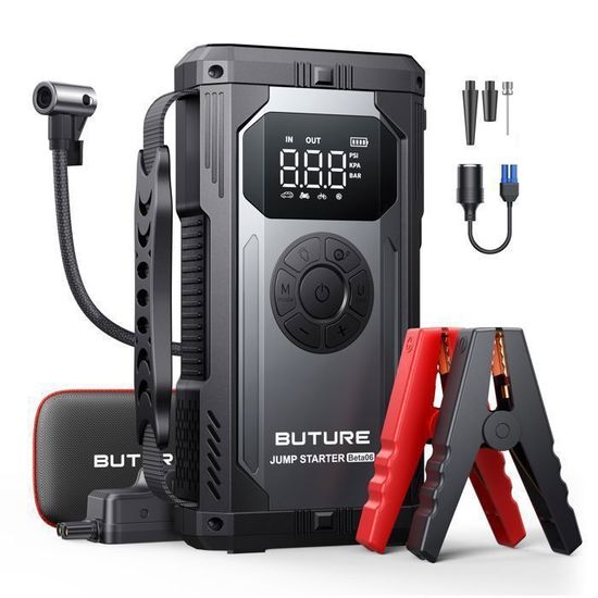Booster Batterie Voiture 6000A Avec Gonfleur 150PSI - Démarre Moteurs Jusqu'à 10L, Powerbank, Lampe LED 3 Modes