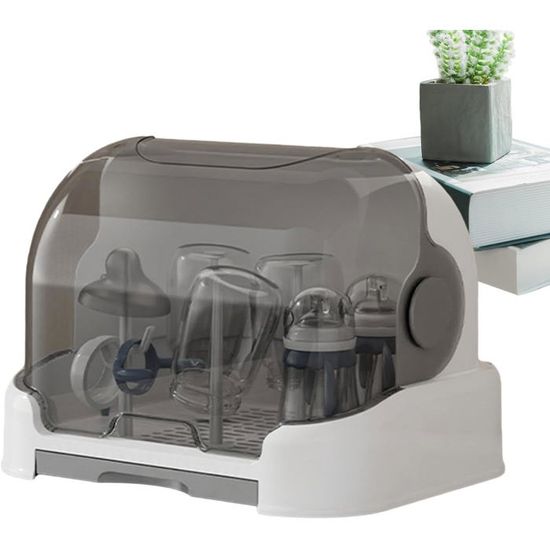 Boîte Rangement & Séchage Biberons - Avec Bac Eau Amovible - Couvercle Anti-poussière - Blanc/gris/marron