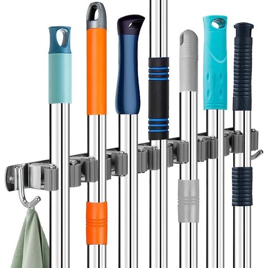 Support Mural Balai Sans Perçage – Porte-Balais Acier Inoxydable 5 Crochets + 4 Clips, Organisation Cuisine Garage Salle De Bain (Gris)