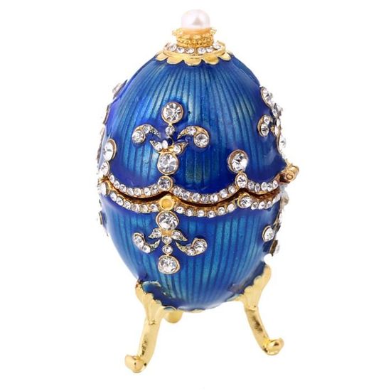 Boîte à Bijoux en Email Bleu avec Cristal Strass et Peinture Forme Oeuf de Pâques Contenant Boîtier Organisateur de Bague