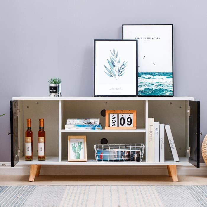 Meuble TV scandinave décor blanc/Noir + pieds en bois massif - Meuble de salon pour télévision