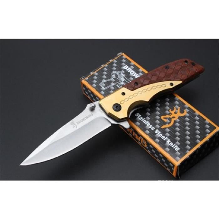 Couteau De Poche Massif BROWNING Manche Acier Or/Résine Style Cuir 13 cm Outdoor