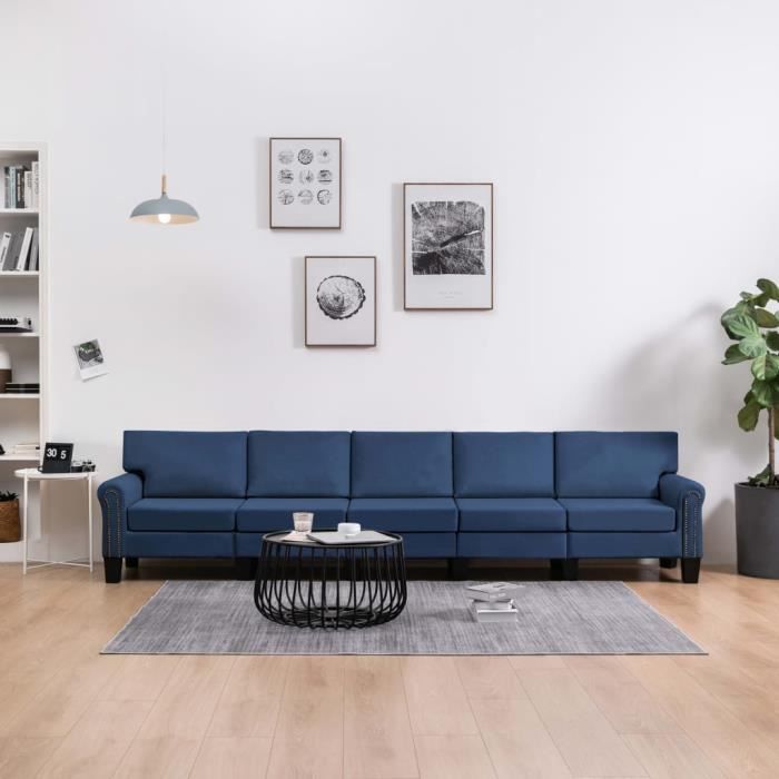 Canapé droit fixe 5 places Moderne Sofa Divan Canapé de salon Confortable Bleu Tissu
