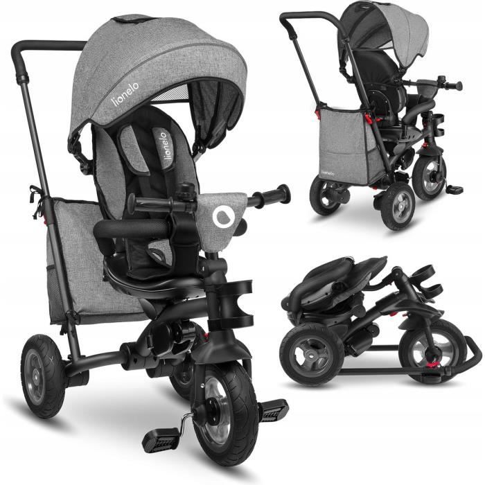 LIONELO Tricycle poussette évolutif enfant Tris 2en1 ratation 180° avec accessoires - Gris