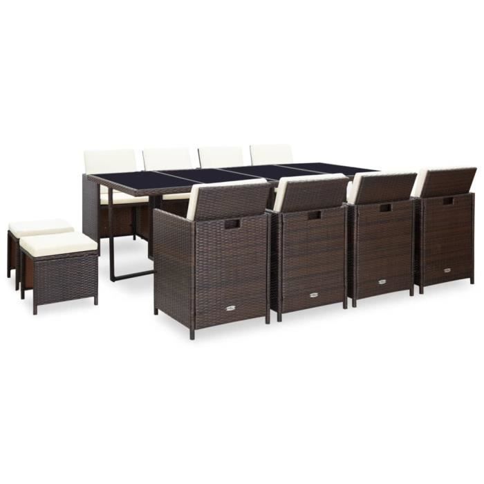 Mobilier de Jardin Encastrable Et Coussins 13 Pcs Rotin Marron @TXY095