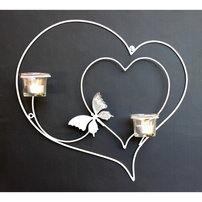 DanDiBo Support murale pour bougie chauffe-plat Cœur 39 cm Blanc Support bougie chauffe-plat métal Chandelier mural Bougie