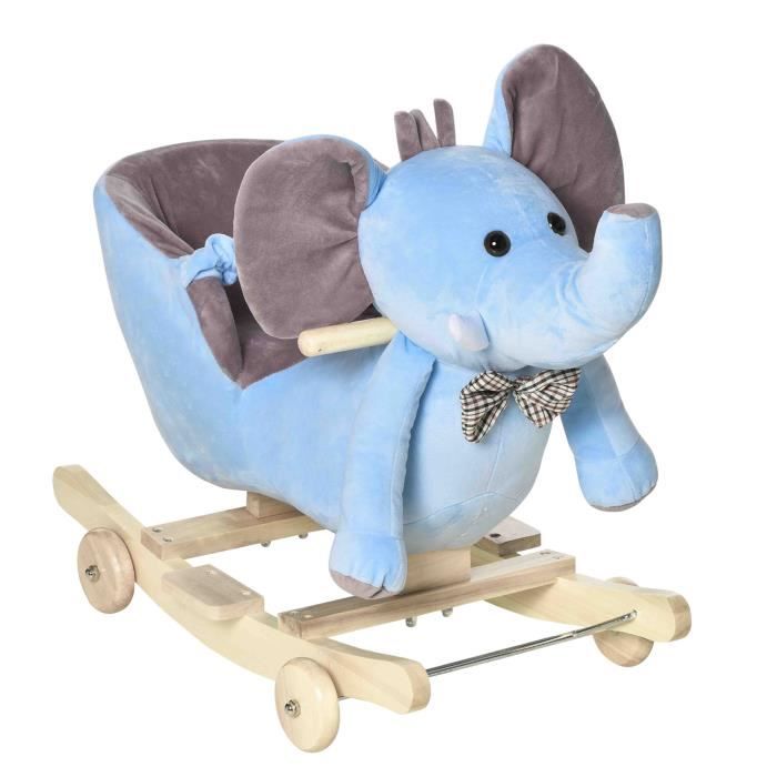 Cheval à Bascule jouet à bascule éléphant et porteur sur roulettes 2 en 1 fonction musicale 32 pistes ceinture sécurité bleu 67BU