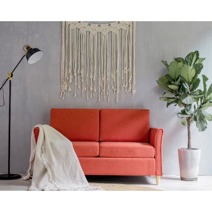 Laxllent Canapé 2 Places,123x25.5x70cm,Orange,Surface en Tissu Imitation Lin, Pieds en Bois,Montage Facile,pour Appartement,Chambre