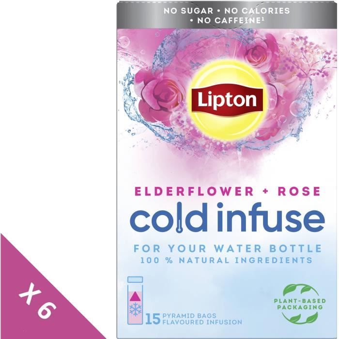 Lot de 6 LIPTON Infuse à Froid Fleure de Sureau Rose, Boisson d'été rafraichissante, Eau aromatisée healthy (6x 15 Sachets Pyramid)