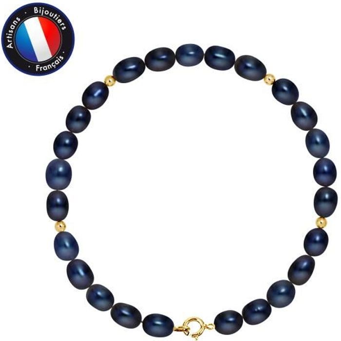 PERLINEA - Bracelet Véritable Perle de Culture d'Eau Douce Riz 4-5 mm Black Tahiti - Or Jaune - Bijoux Femme