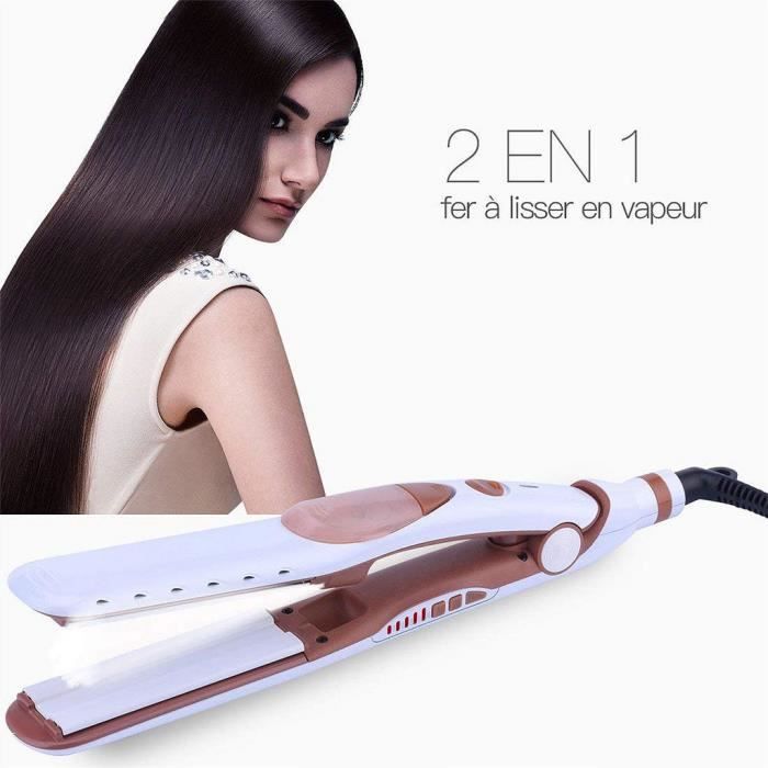 Fer à lisser vapeur, 2 en 1 Tourmaline Professionnel Vapeur Lisseur et Boucleu Pour Cheveux Soyeux Brillants, Soin des Cheveux