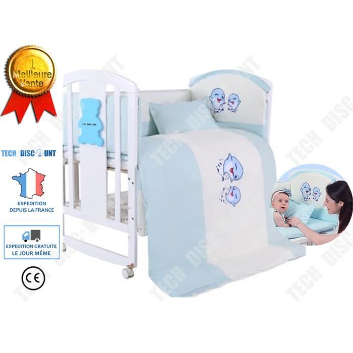 TD® Parure de lit de bébé bleu en coton lavable 5 pièces pour berceau couffin chambre enfant nouveau né soins hygiène design bébé