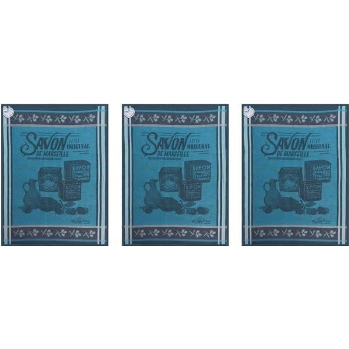 Lot de 3 Torchons Jacquard tissés 100% coton - Savon de Marseille - Bleu - 50x70 cm - Lavable en machine
