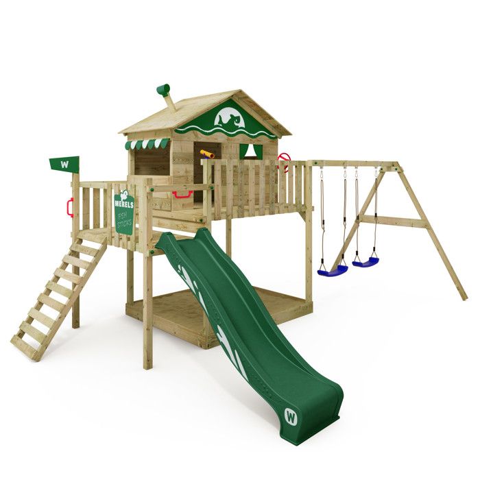 WICKEY Aire de jeux Portique bois Smart Coast avec balançoire et toboggan vert Maison enfant sur pilotis avec bac à sable