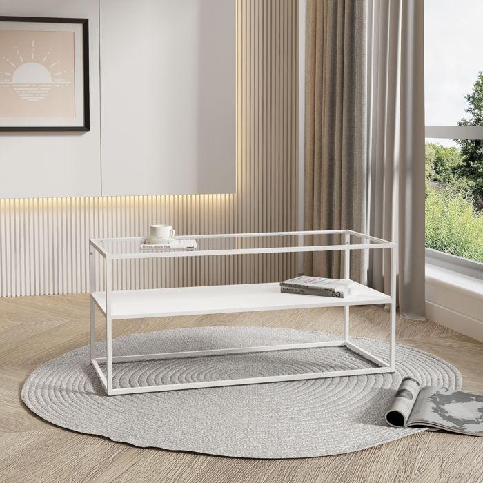 Table basse Solund avec étagère acier verre trempé 102 x 43 x 46 cm blanc mat