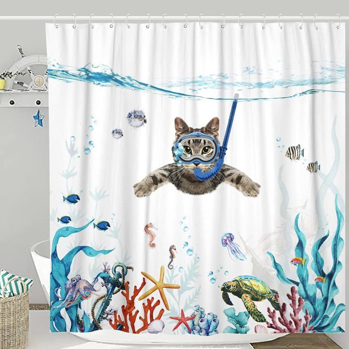 Rideau de douche - ODIPIE - Chat drôle - Bleu sarcelle - Tissu imperméable - 180x180 cm
