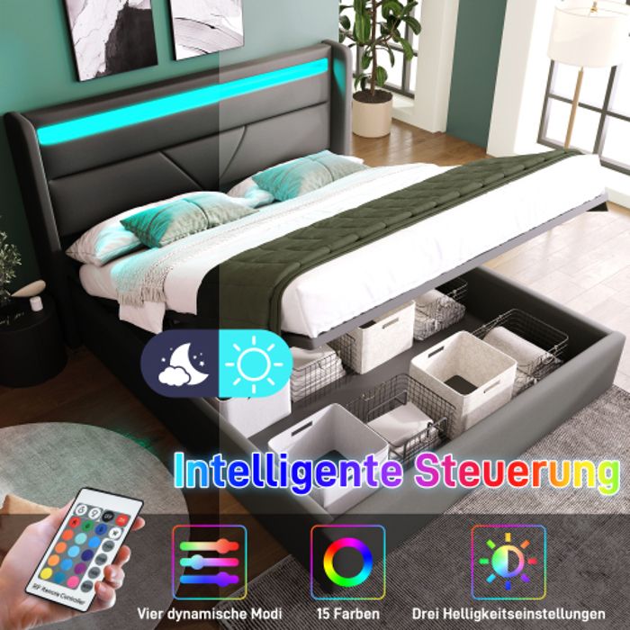 Lit Avec Rangement Lit 140x200 Cm Avec éclairage LED Et 4 Tiroirs Noir - Maison