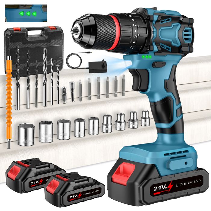 Perceuse Visseuse Sans Fil 20V 42Nm – 2 Batteries 2.0Ah, 25+1 Couples, 2 Vitesses, LED, 24 Accessoires + Valise – Idéale Bricolage & Travaux