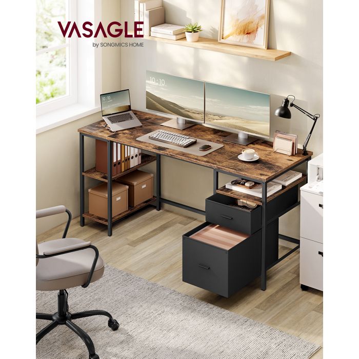 Bureau d’Ordinateur avec Rangement 3 Étagères 2 Tiroirs 160 x 60 x 76 cm pour Bureau Salon Marron Rustique et Noir Mat