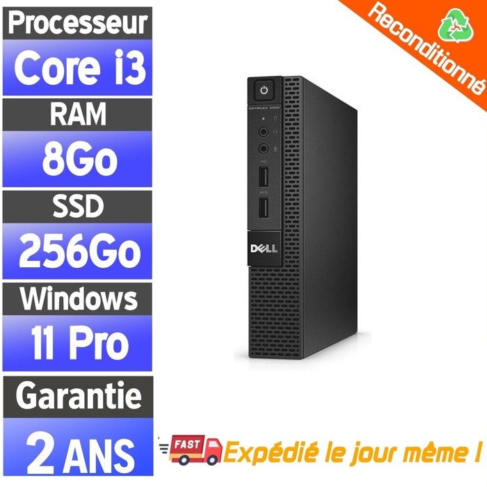 Mini PC Dell 3020 – PC Fixe Petit Format – Core i3 – SSD 256Go – 8Go RAM – Windows 11